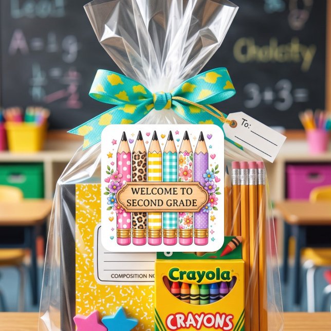 Welcome to Second Grade Cartoon Pencil Square Sticker (Creator Uploaded)