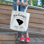 Welcome to South Carolina State Silhouette Wedding Tote Bag<br><div class="desc">Give your guests a warm welcome to your wedding in South Carolina with a bag full of snacks and treats personalised with the state where you're getting married and the bride and groom's names and wedding date. Design features "welcome" in modern handwritten calligraphy script along with bride and groom's names...</div>