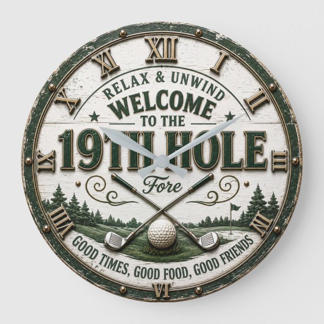 Welcome to the 19th Hole Funny Golf Bar Large Clock (Front)