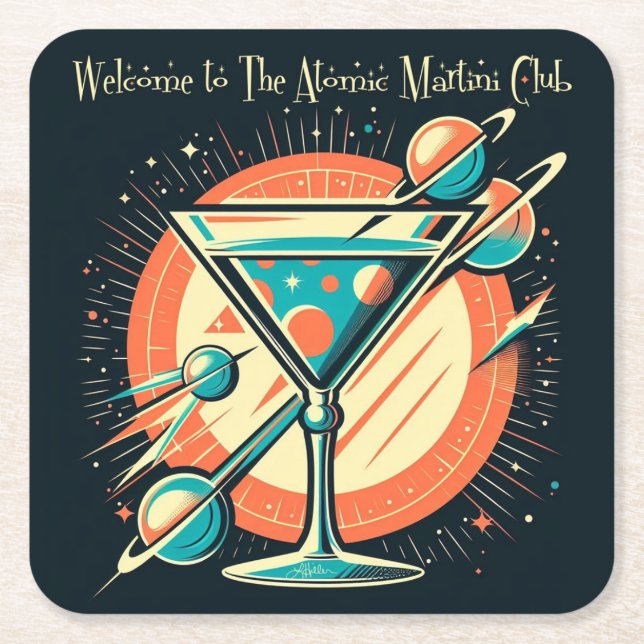 Welcome To The Atomic Martini Club Space Age Square Paper Coaster (Front)