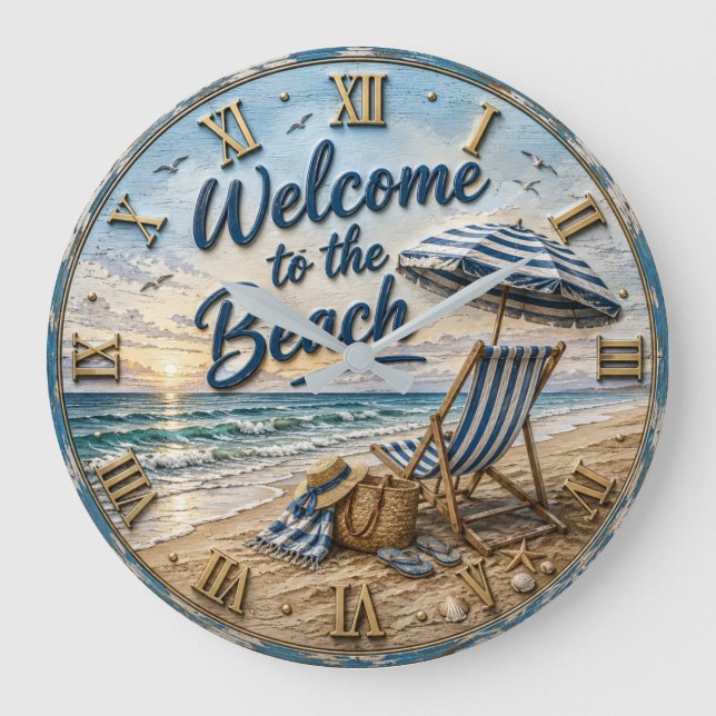 Welcome to the Beach Coastal  Large Clock (Front)