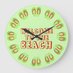 Welcome to the Beach Green Flip Flops Vacation Large Clock