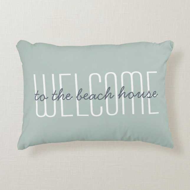 Welcome To The Beach House Quote Green Decorative Decorative Cushion (Front)