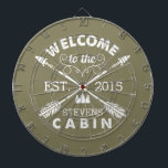 Welcome to the Cabin | Rustic Arrows Personalised Dartboard<br><div class="desc">Spend your leisurely hours playing darts with this fun, unique dartboard. Design features an olive green background with "Welcome to the [Name] Cabin" in rustic block text and two crossed arrows. Customise with your family name and the year established. Makes an awesome housewarming present or gift for your weekend hosts!...</div>