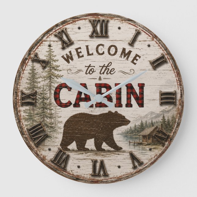 Welcome to the Cabin Rustic Bear Buffalo Plaid Large Clock (Front)