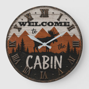 Welcome to the Cabin Rustic Moose Mountain Lodge  Large Clock