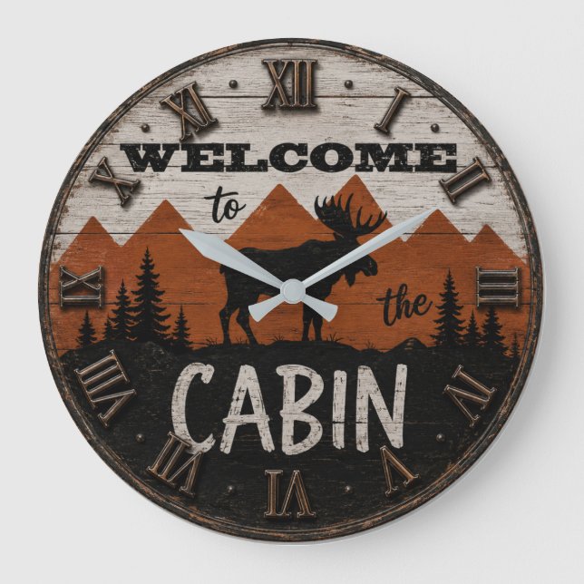 Welcome to the Cabin Rustic Moose Mountain Lodge  Large Clock (Front)