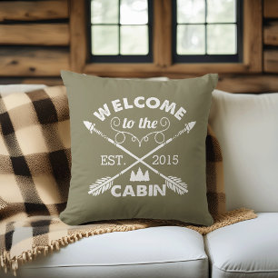 Welcome to the Cabin   Rustic Olive & White Cushion