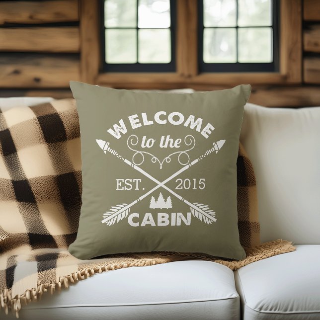 Welcome to the Cabin | Rustic Olive & White Cushion (Creator Uploaded)