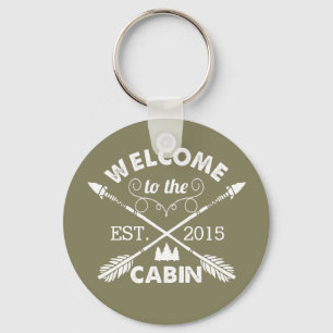 Welcome to the Cabin   Rustic Olive & White Key Ring