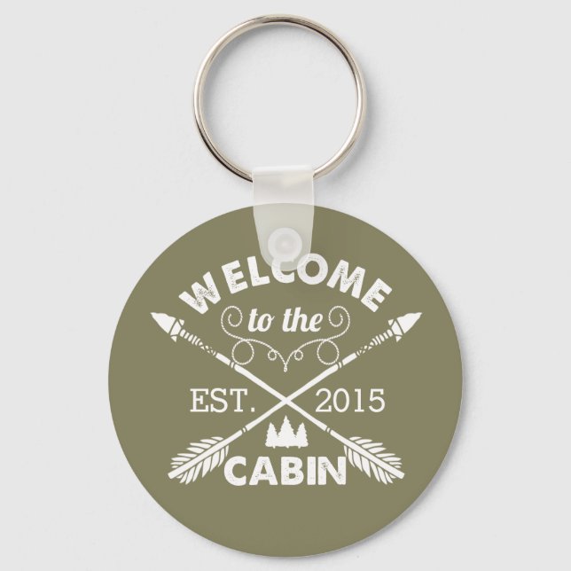Welcome to the Cabin | Rustic Olive & White Key Ring (Front)
