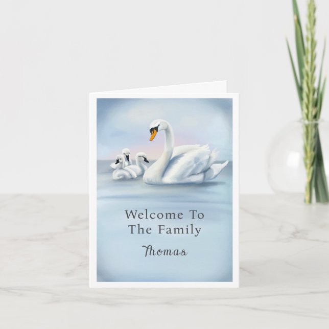 Welcome To The Family Boy Mama Swan With Babies Card (Front)