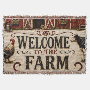 Welcome to the Farm Rustic Red Barn Farmhouse Throw Blanket