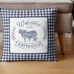 Welcome To The Farmhouse Blue Gingham Cushion