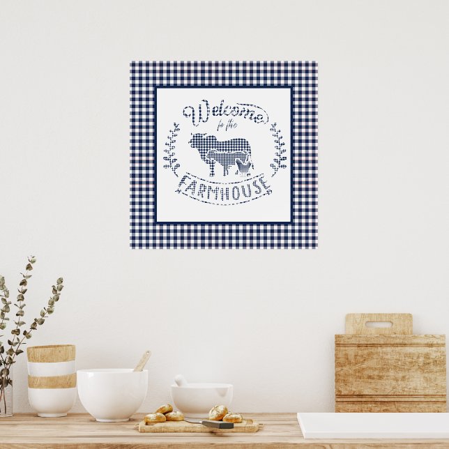 Welcome To The Farmhouse Blue Gingham Poster (Kitchen)