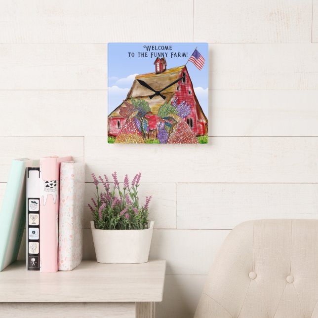 Welcome to the Funny Farm Chickens Square Wall Clock (Reading Room)