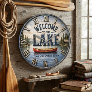 Welcome to the Lake Rustic Canoe Large Clock