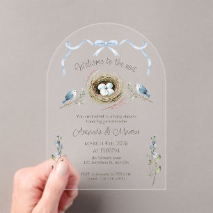 Welcome to the Nest Blue Ribbon Baby Shower Acrylic Invitations