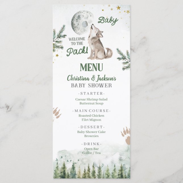 Welcome to The Pack Forest Wolf Baby Shower Menu (Front)
