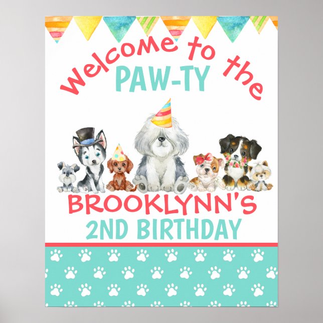 Welcome to the Paw-ty Puppy Birthday Poster sign (Front)
