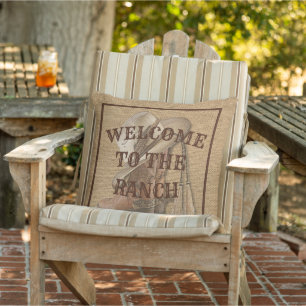 Welcome To The Ranch Cowboy Hat Boots On Faux Jute Cushion