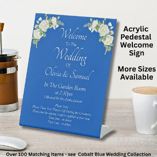 Welcome to the Wedding Cobalt Blue White Roses Pedestal Sign