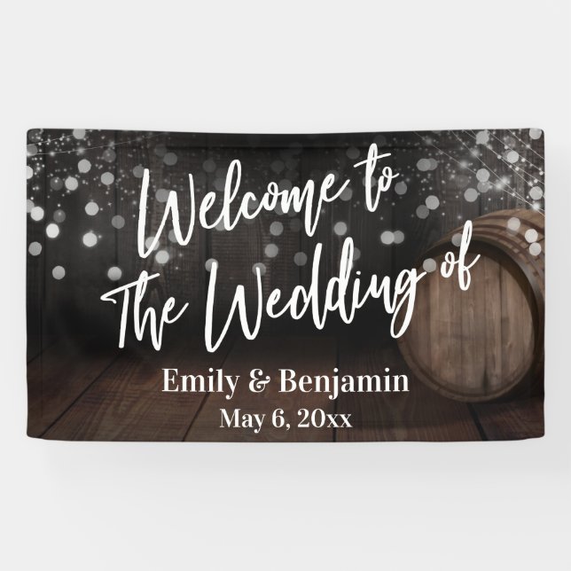Welcome to The Wedding of Wood Barrel & Lights Banner (Horizontal)
