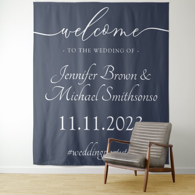 Welcome to the wedding simple minimalist navy tapestry (In Situ)