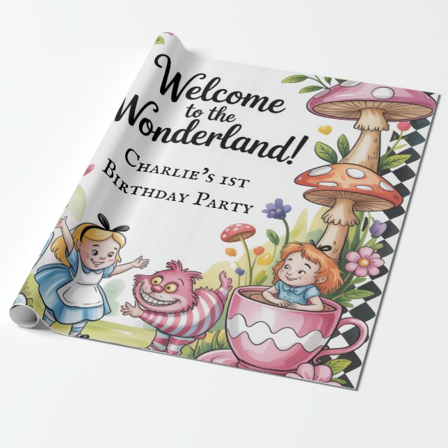 Welcome To The Wonderland 1st Birthday Party Wrapping Paper (Unrolled)