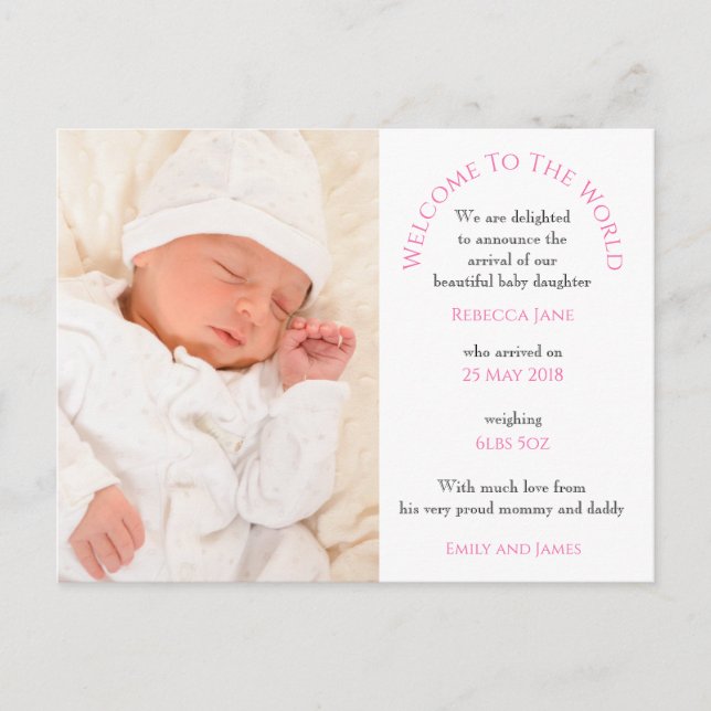 Welcome to the World Baby Girl Photo Text White Postcard (Front)