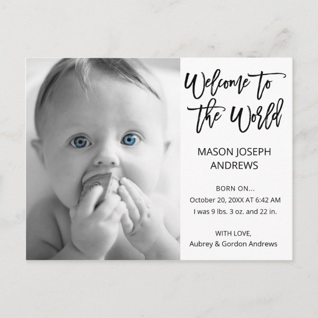 Welcome to the World Black White Photo Birth Announcement Postcard (Front)