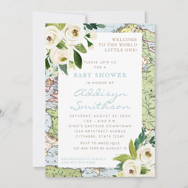 Welcome To The World Floral Map Baby Shower Invitation (Front)