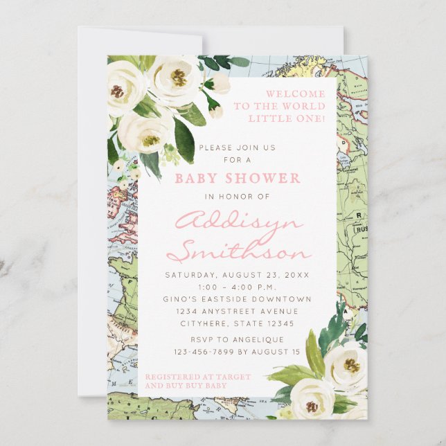 Welcome To The World Floral Map Pink Baby Shower Invitation (Front)