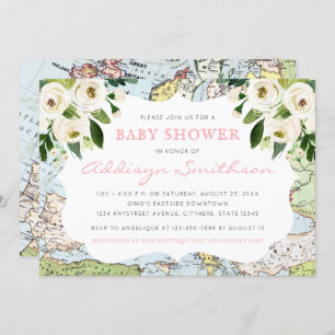 Welcome To The World Floral Map Pink Baby Shower Invitation