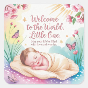 "Welcome to the World" Newborn Baby Greeting Square Sticker