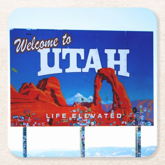 Welcome to Utah Sign Square Paper Coaster (Front)