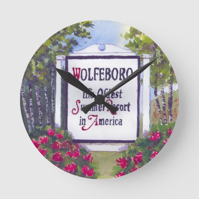 Welcome to Wolfeboro NH Sign Round Clock (Front)
