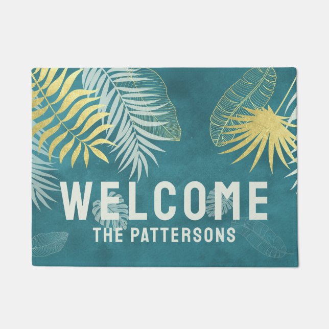 Welcome Tropical Golden Palm Family Name Doormat (Front)
