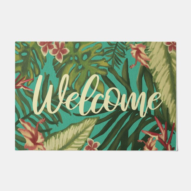 Welcome Tropical Hawaii Jungle Mat, Summer Vibes Doormat (Front)