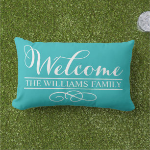 Welcome Turquoise Blue Custom Last Name Lumbar Cushion