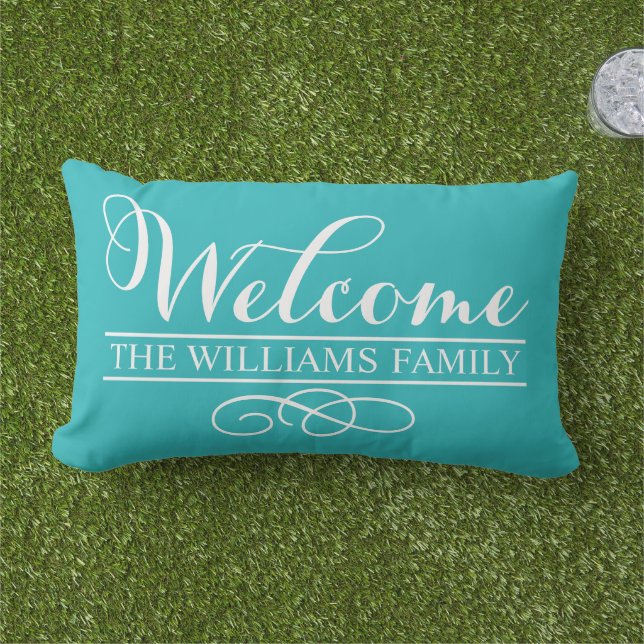Welcome Turquoise Blue Custom Last Name Lumbar Cushion (Grass)