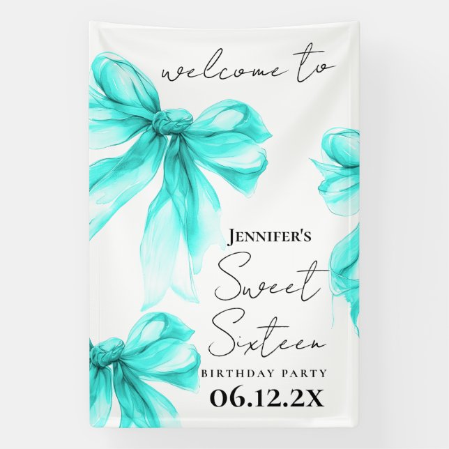 Welcome Turquoise Bow Coquette Script Sweet 16  Banner (Vertical)