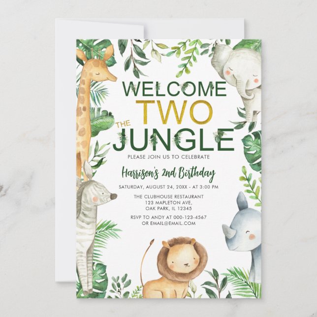 Welcome Two Jungle Safari Animals Birthday Invitation (Front)