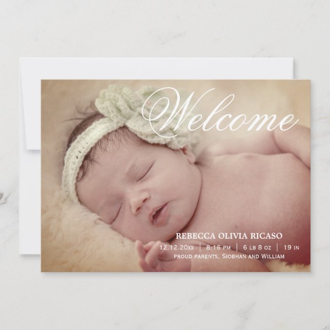 Welcome Typography Scroll New Baby Personalised Announcement (Front)