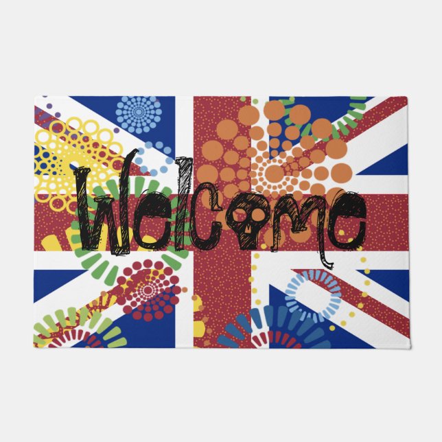 Welcome Union Jack British Skull Dots Colour Doormat (Front)