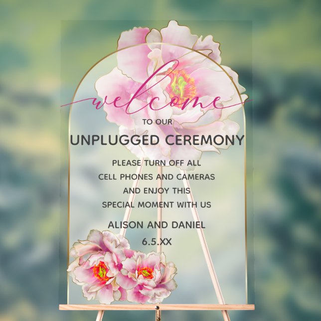  Welcome Unplugged Scarlet Peony Floral  Acrylic Sign (Neutral)