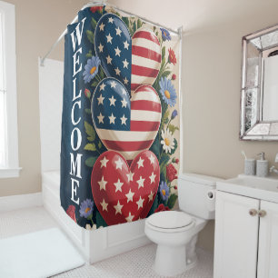 Welcome USA Flag Hearts & Patriotic Floral America Shower Curtain