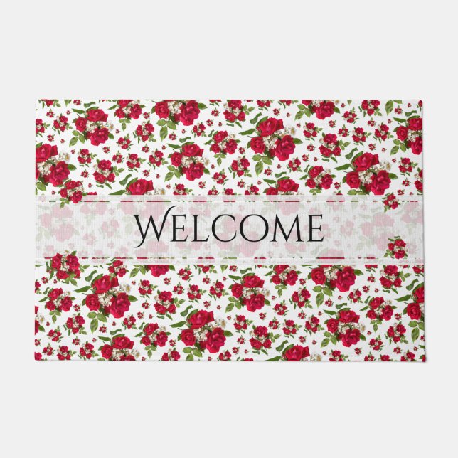 Welcome Valentine's Red Rose Bouquet Photo Pattern Doormat (Front)