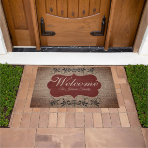 Welcome Vintage Burlap with Dark Red Label Doormat