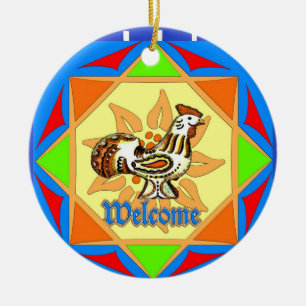 Welcome ,Vintage Chicken, add, edit text Ceramic Ornament